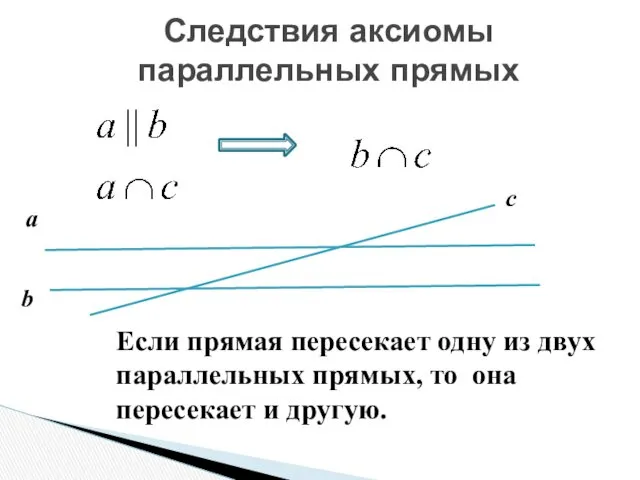 Следствия аксиомы параллельных прямых Если прямая пересекает одну из двух