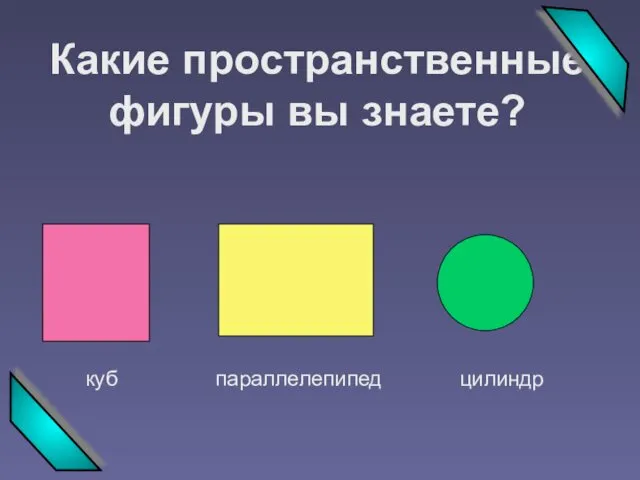 Какие пространственные фигуры вы знаете? куб цилиндр параллелепипед