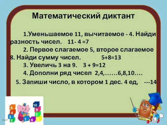 Математический диктант 1.Уменьшаемое 11, вычитаемое - 4. Найди разность чисел.