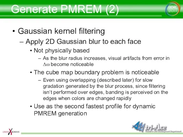 Generate PMREM (2) Gaussian kernel filtering Apply 2D Gaussian blur