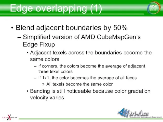 Edge overlapping (1) Blend adjacent boundaries by 50% Simplified version