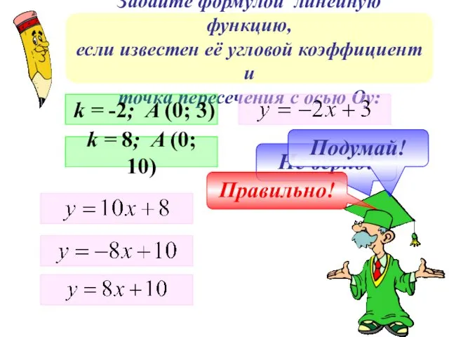 Задайте формулой линейную функцию, если известен её угловой коэффициент и