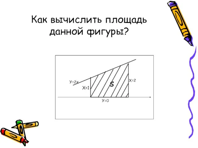 Как вычислить площадь данной фигуры? s У=2х У=0 Х=1 Х=2