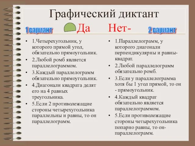 Графический диктант Да Нет- 1.Четырехугольник, у которого прямой угол, обязательно