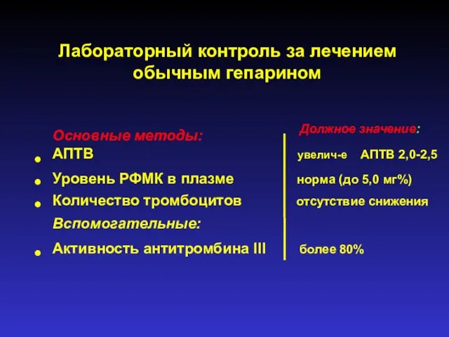 Основные методы: АПТВ увелич-е АПТВ 2,0-2,5 Уровень РФМК в плазме