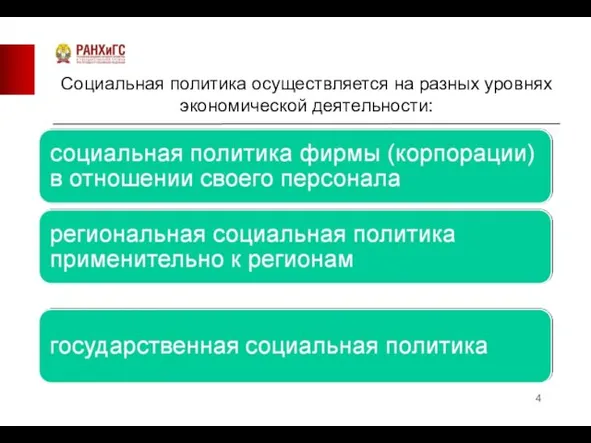 Социальная политика осуществляется на разных уровнях экономической деятельности: