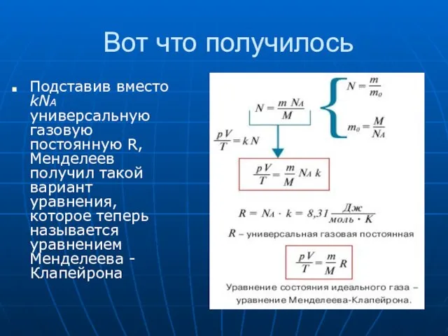 Вот что получилось Подставив вместо kNA универсальную газовую постоянную R, Менделеев получил такой