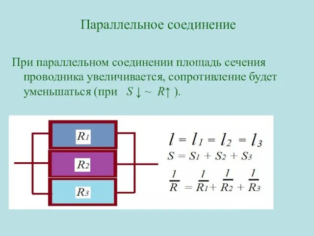 Параллельное соединение При параллельном соединении площадь сечения проводника увеличивается, сопротивление будет уменьшаться (при