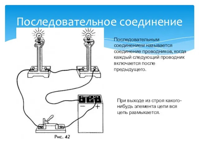 Последовательное соединение Последовательным соединением называется соединение проводников, когда каждый следующий