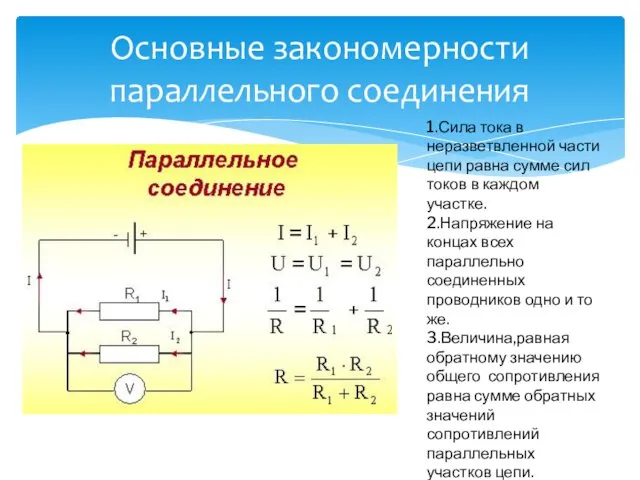 Основные закономерности параллельного соединения 1.Сила тока в неразветвленной части цепи