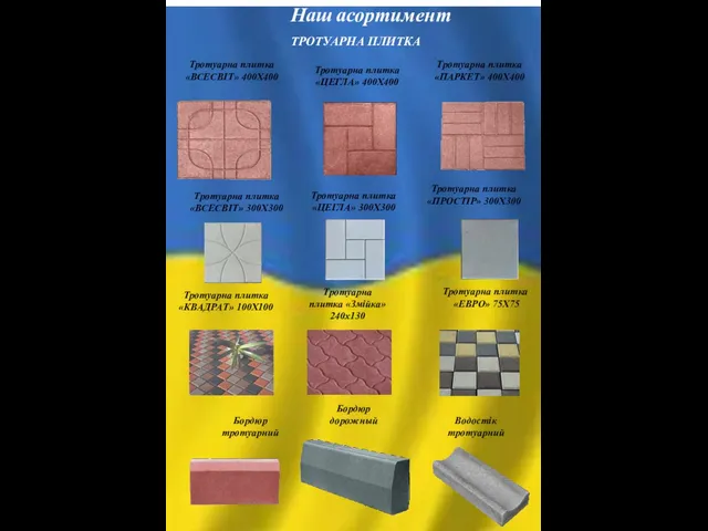 « Наш асортимент ТРОТУАРНА ПЛИТКА Тротуарна плитка «ЦЕГЛА» 400Х400 Тротуарна плитка «ВСЕСВІТ» 400Х400
