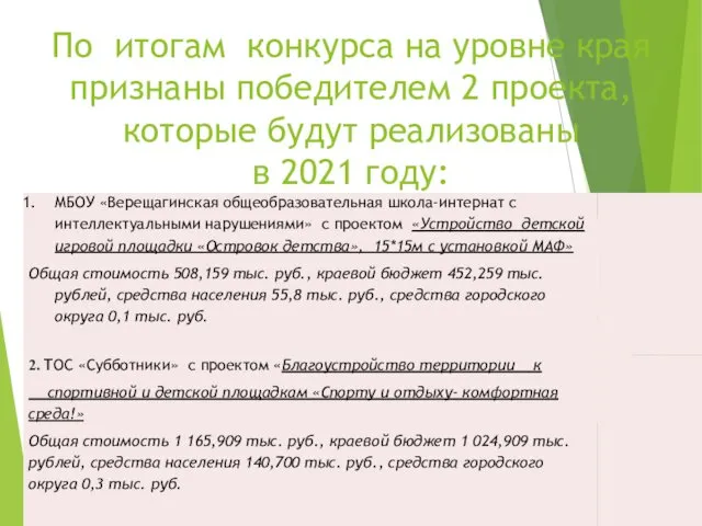 По итогам конкурса на уровне края признаны победителем 2 проекта, которые будут реализованы в 2021 году: