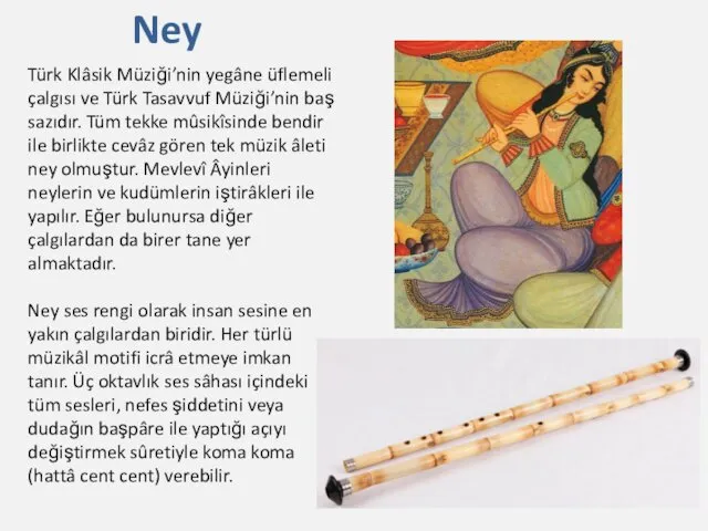 Türk Klâsik Müziği’nin yegâne üflemeli çalgısı ve Türk Tasavvuf Müziği’nin baş sazıdır. Tüm