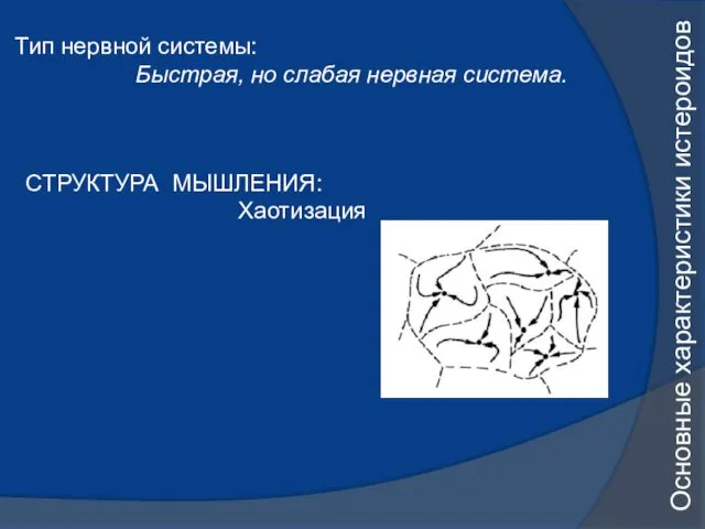 Основные характеристики истероидов Тип нервной системы: Быстрая, но слабая нервная система. СТРУКТУРА МЫШЛЕНИЯ: Хаотизация