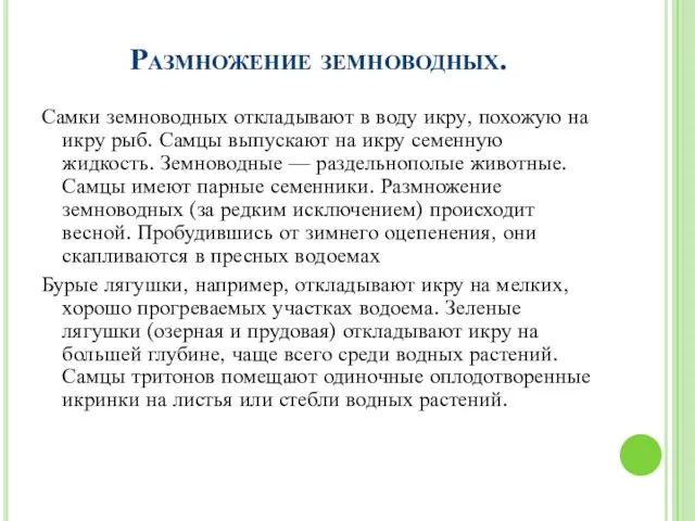 Размножение земноводных. Самки земноводных откладывают в воду икру, похожую на икру рыб. Самцы