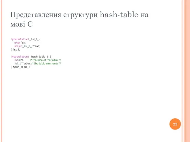 Представлення структури hash-table на мові С typedef struct _list_t_ { char *str; struct