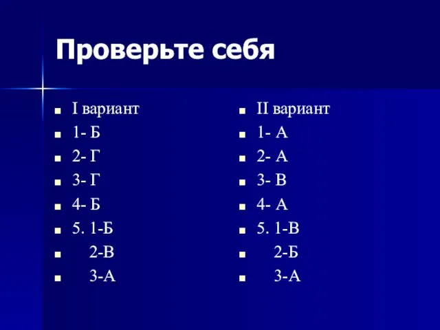 Проверьте себя I вариант 1- Б 2- Г 3- Г 4- Б 5.