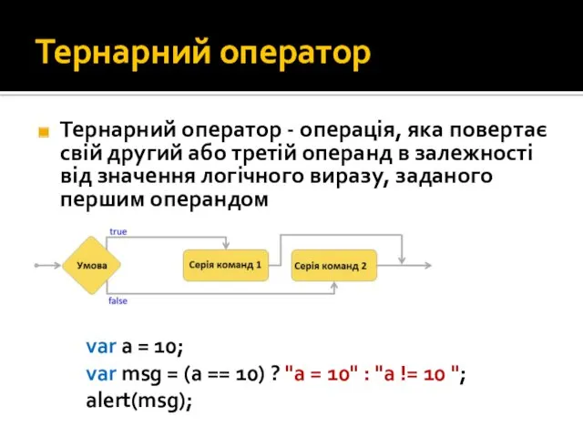 Тернарний оператор Тернарний оператор - операція, яка повертає свій другий