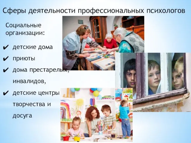 Сферы деятельности профессиональных психологов Социальные организации: детские дома приюты дома