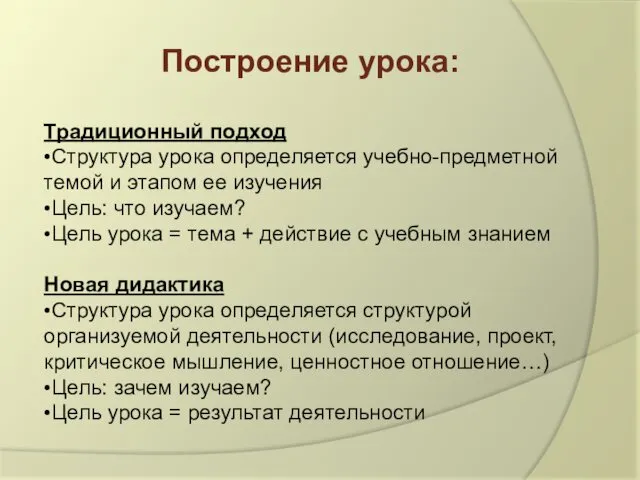 Построение урока: Традиционный подход •Структура урока определяется учебно-предметной темой и этапом ее изучения