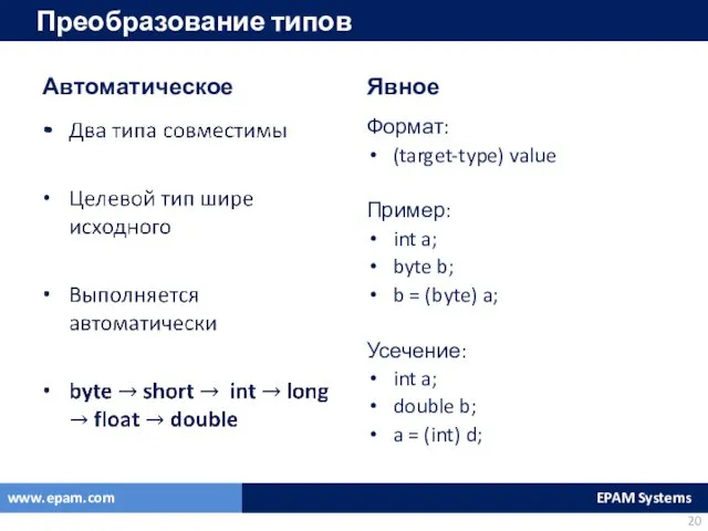 Автоматическое Явное Формат: (target-type) value Пример: int a; byte b;