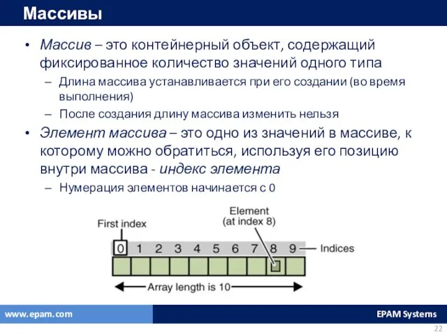 Массивы Массив – это контейнерный объект, содержащий фиксированное количество значений