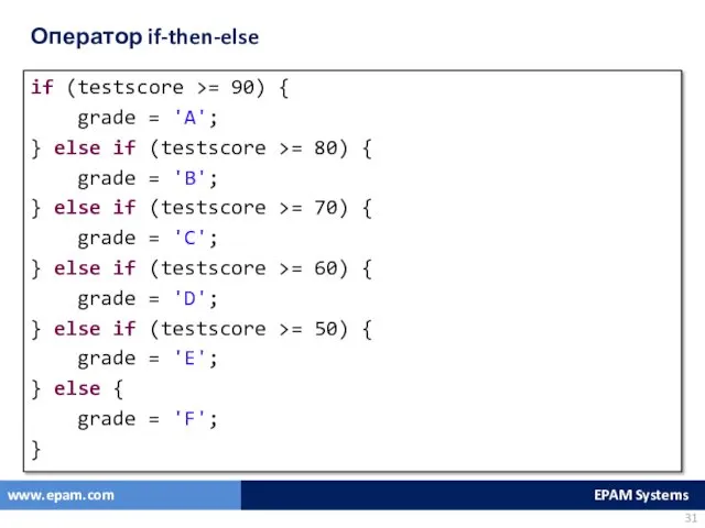 Оператор if-then-else if (testscore >= 90) { grade = 'A';