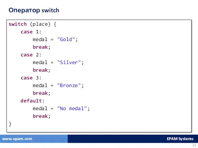 Оператор switch switch (place) { case 1: medal = "Gold";