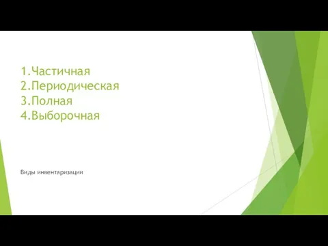 1.Частичная 2.Периодическая 3.Полная 4.Выборочная Виды инвентаризации