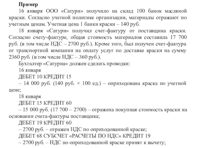 Пример 16 января ООО «Сатурн» получило на склад 100 банок