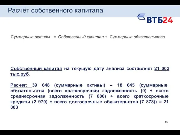 Расчёт собственного капитала Суммарные активы = Собственный капитал + Суммарные