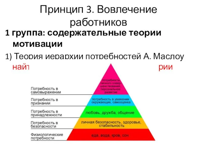 Принцип 3. Вовлечение работников 1 группа: содержательные теории мотивации 1)