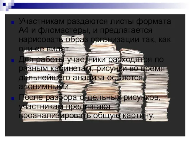 Участникам раздаются листы формата А4 и фломастеры, и предлагается нарисовать