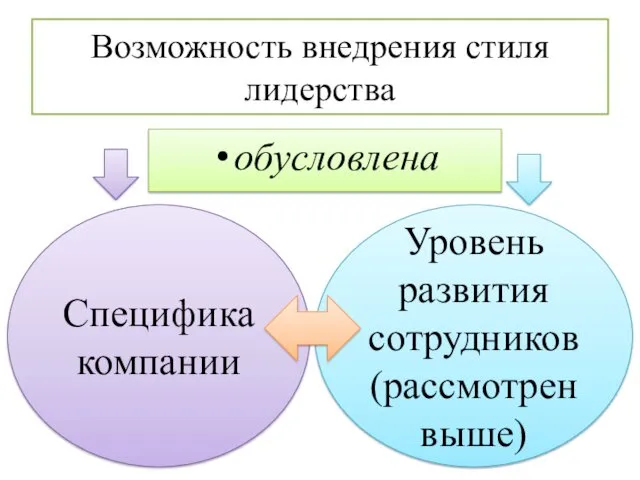 Возможность внедрения стиля лидерства обусловлена Специфика компании Уровень развития сотрудников (рассмотрен выше)