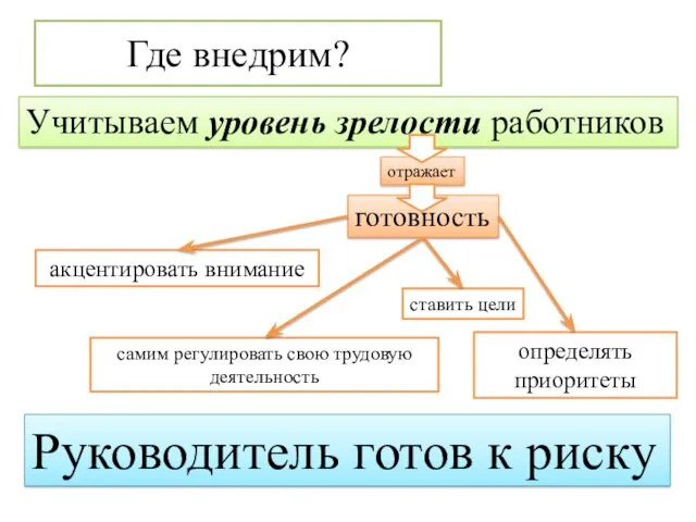 Где внедрим? Руководитель готов к риску Учитываем уровень зрелости работников