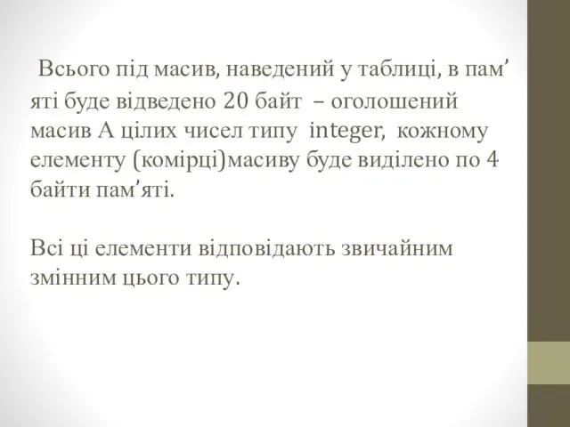 Всього під масив, наведений у таблиці, в пам’яті буде відведено