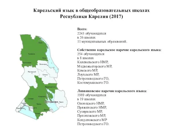 Карельский язык в общеобразовательных школах Республики Карелия (2017) Всего: 2243