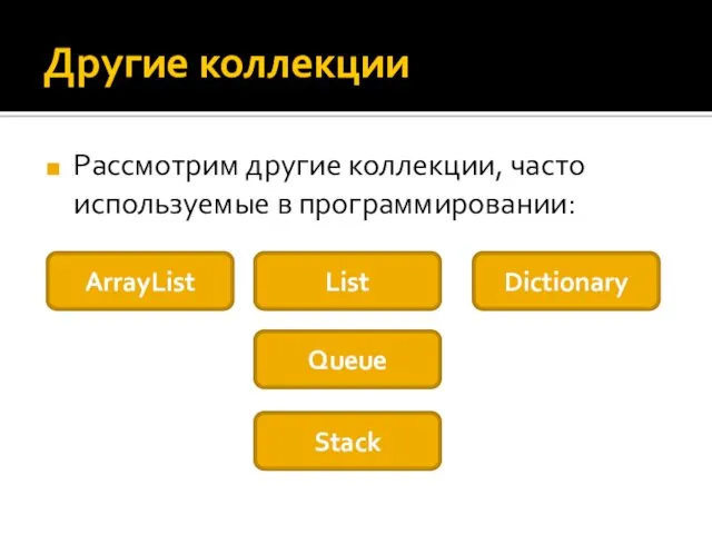 Другие коллекции Рассмотрим другие коллекции, часто используемые в программировании: ArrayList List Dictionary Stack Queue