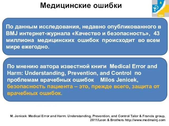 Медицинские ошибки M. Jenicek Medical Error and Harm: Understanding, Prevention, and Control Talor