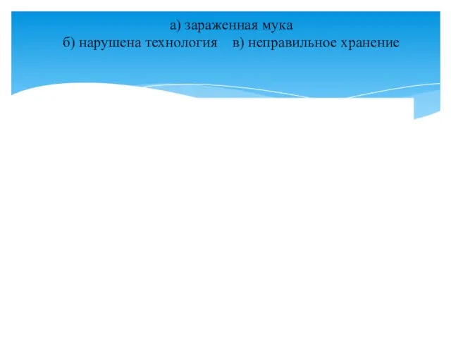 а) зараженная мука б) нарушена технология в) неправильное хранение