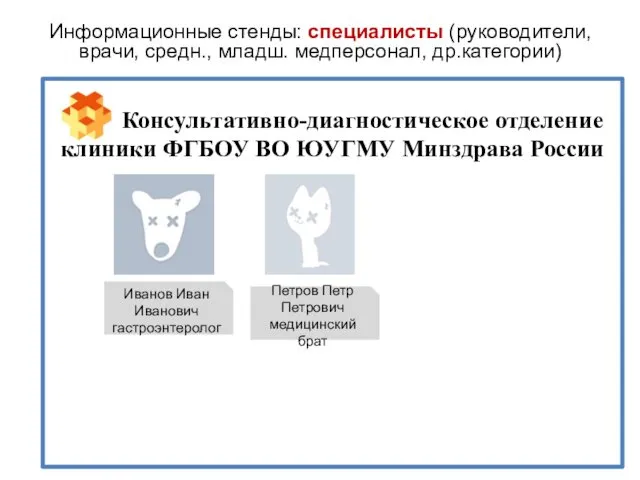 Информационные стенды: специалисты (руководители, врачи, средн., младш. медперсонал, др.категории) Консультативно-диагностическое