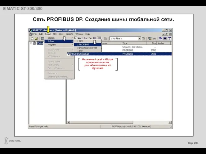 Сеть PROFIBUS DP. Создание шины глобальной сети. Названия Local и