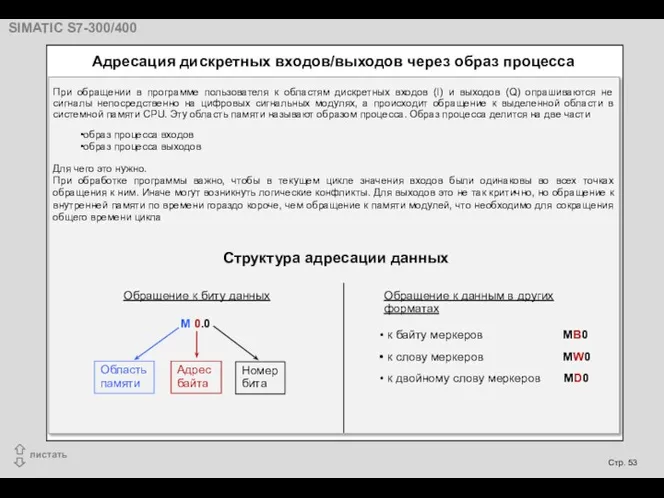 Адресация дискретных входов/выходов через образ процесса При обращении в программе