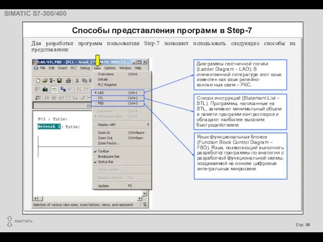 Способы представления программ в Step-7 Для разработки программ пользователя Step-7