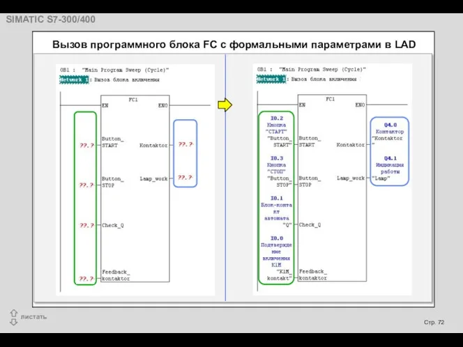 Вызов программного блока FC с формальными параметрами в LAD