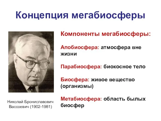 Концепция мегабиосферы Николай Брониславович Вассоевич (1902-1981) Компоненты мегабиосферы: Апобиосфера: атмосфера