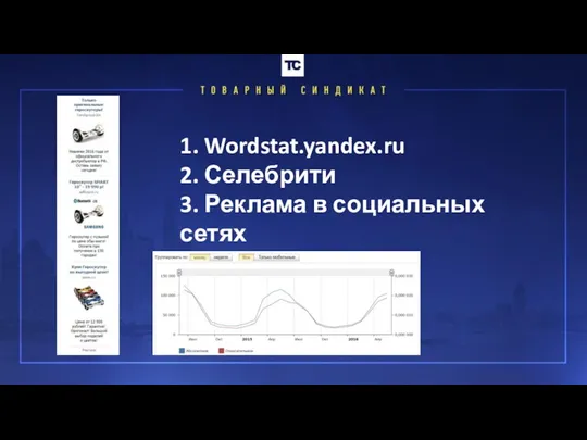 1. Wordstat.yandex.ru 2. Селебрити 3. Реклама в социальных сетях