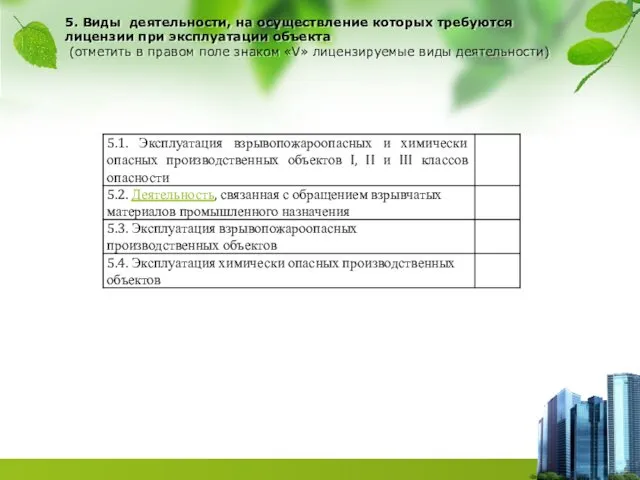 5. Виды деятельности, на осуществление которых требуются лицензии при эксплуатации