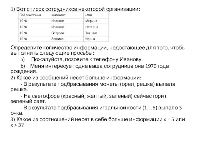 1) Вот список сотрудников некоторой организации: Определите количество информации, недостающее