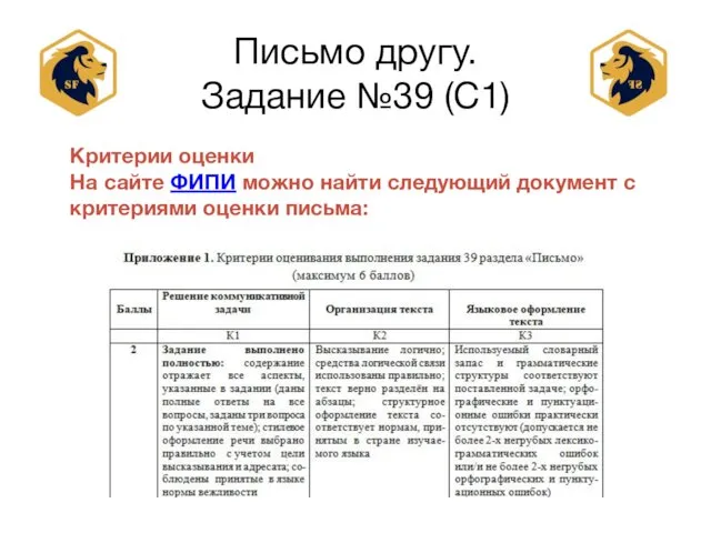 Письмо другу. Задание №39 (С1) Критерии оценки На сайте ФИПИ